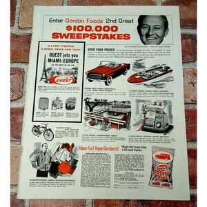 1961‎ Gordon Foods Sweepstakes - Red Car Boat Pool Sewing - Vtg 60s MCM PRINT AD